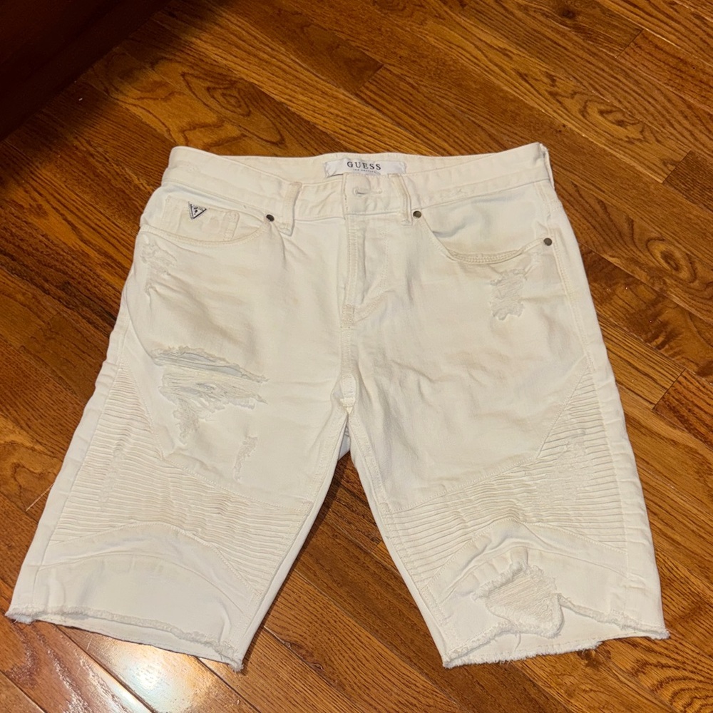 GUESS Men’s White Distressed Biker Denim Shorts